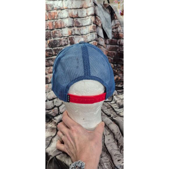 Hurley Snapback Mesh Trucker Hat 2 Stripe Denim Blue Red Baseball Cap Patch EUC - Picture 2 of 4